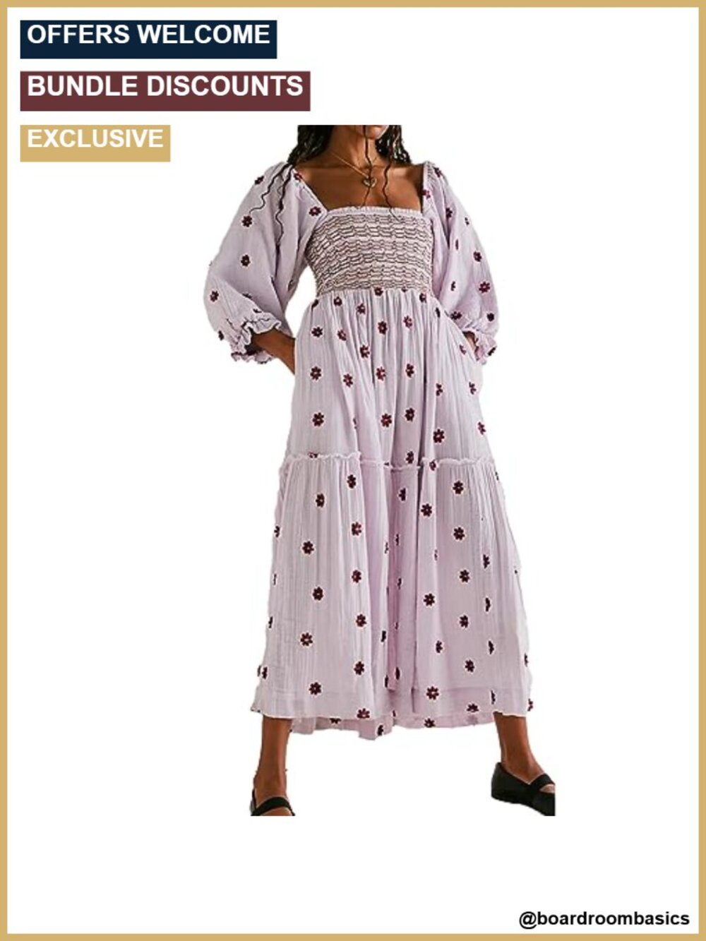 Women Floral Embroidered Maxi Dress Puff Sleeve Square Neck Boho with Pockets